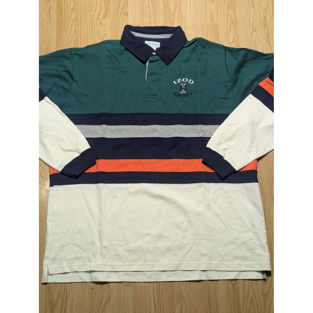 Izod Mens Vintage Y2K Colorblock Rugby Polo Shirt Green Multicolor XL